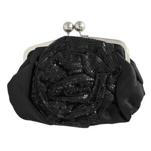 NWT Black Satin Lace & Sequin Rose Clutch Kiss Lock Holiday Evening Cottagecore